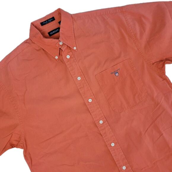 Gant Mens Short Sleeve Peach Poplin Button-Down Shirt Coral Medium 100% Cotton - Picture 1 of 9